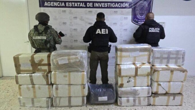 Aseguran en brecha del Ejido Sacramento 170 kilos de marihuana, metanfetamina y vehículo robado