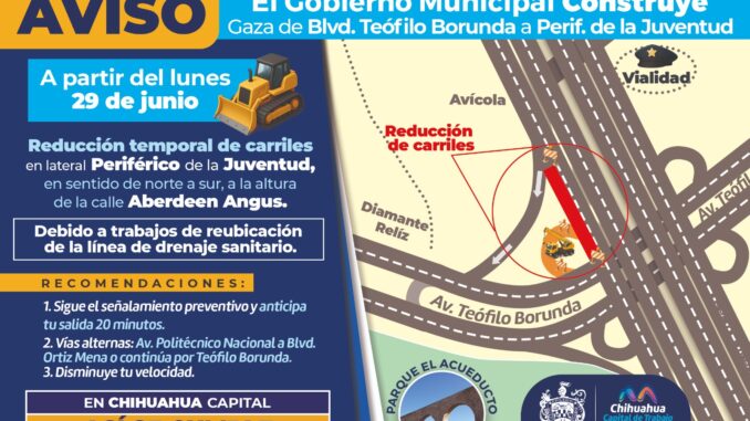 ¡Recuerda! Habrá reducción de carriles en tramo de lateral del Periférico de la Juventud: Municipio